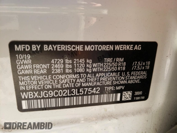 2020 BMW X1 xDrive28i with VIN WBXJG9C02L3L57542, listed as a Copart auction lot 67003112 with 18,619 mi miles. Bid and sale history available at carsss.com. Image 10.