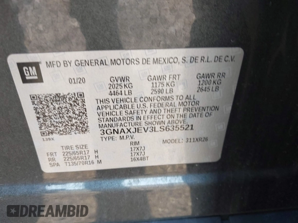 2020 Chevrolet Equinox LT z VIN 3GNAXJEV3LS635521, wystawiony jako IAAI lot #42026706 z przebiegiem 70 456 mil mil oraz . Historia ofert i sprzedaży dostępna na DreamBid. Obrazek 9.