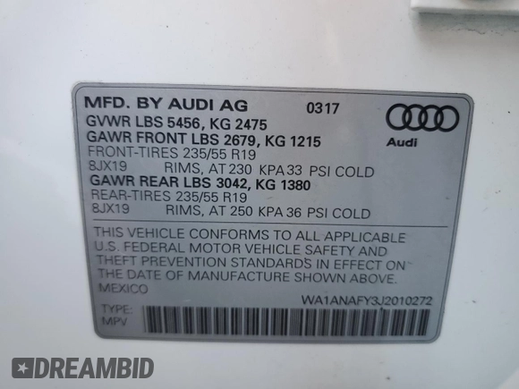 2018 Audi Q5 Premium with VIN WA1ANAFY3J2010272, listed as a Copart auction lot 66711262 with 65,409 mi miles. Bid and sale history available at carsss.com. Image 10.