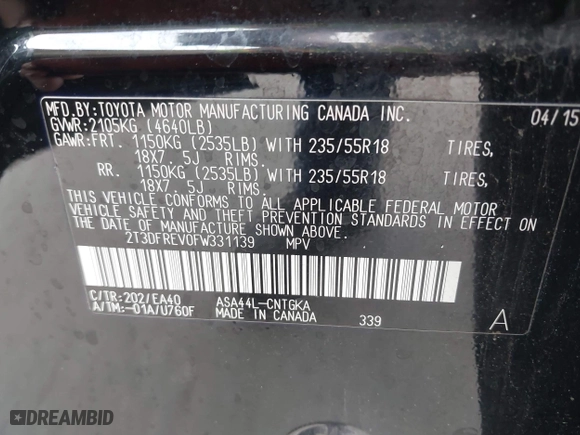 2015 Toyota RAV4 Limited with VIN 2T3DFREV0FW331139, listed as a IAAI auction lot 41724424 with 112,620 mi miles. Bid and sale history available at carsss.com. Image 9.