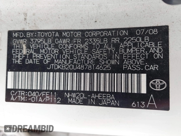 2008 Toyota Prius with VIN JTDKB20U487814625, listed as a IAAI auction lot 42515462 with 196,574 mi miles and . Bid and sale history available at DreamBid. Image 9.