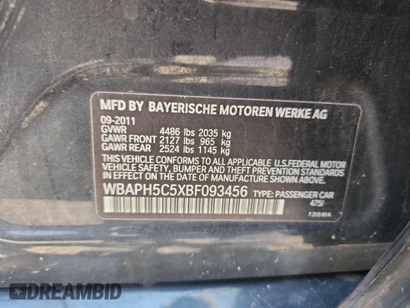 2011 BMW 3 Series 328i with VIN WBAPH5C5XBF093456, listed as a Copart auction lot 63053125 with Not provided miles and Salvage title. Bid and sale history available at DreamBid. Image 12.