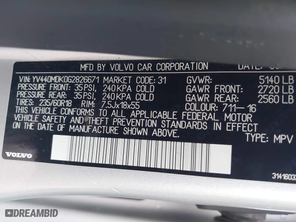 2016 Volvo XC60 T5 Drive-E Premier with VIN YV440MDK0G2826671, listed as a IAAI auction lot 41466201 with 81,659 mi miles. Bid and sale history available at carsss.com. Image 9.