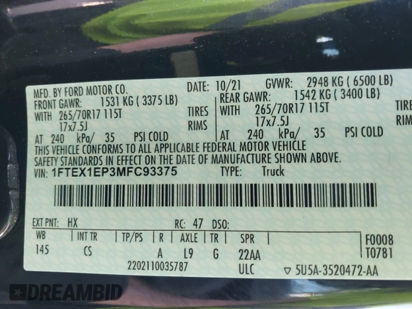 2021 Ford F-150 XL with VIN 1FTEX1EP3MFC93375, listed as a IAAI auction lot 42589933 with 65,132 mi miles and . Bid and sale history available at DreamBid. Image 9.