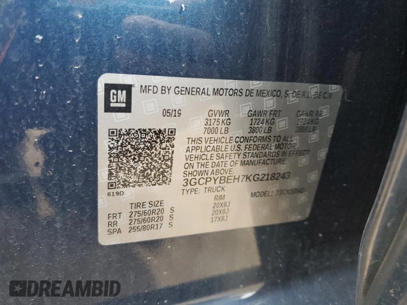 2019 Chevrolet Silverado 1500 Custom with VIN 3GCPYBEH7KG218243, listed as a Copart auction lot 53064075 with 68,331 mi miles and Salvage Title. Bid and sale history available at DreamBid. Image 14.