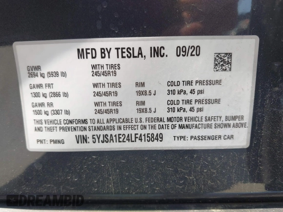 2020 Tesla Model S Long Range with VIN 5YJSA1E24LF415849, listed as a IAAI auction lot 42571945 with 34,398 mi miles and . Bid and sale history available at DreamBid. Image 9.