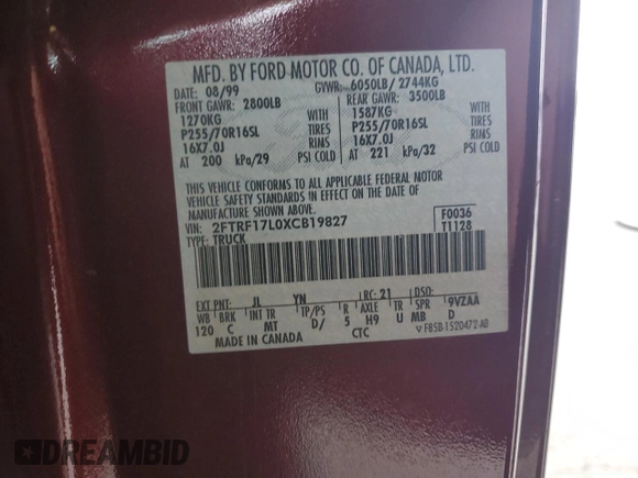 1999 Ford F-150 XL with VIN 2FTRF17L0XCB19827, listed as a Copart auction lot 85282164 with 52,103 mi miles and Salvage title. Bid and sale history available at DreamBid. Image 14.