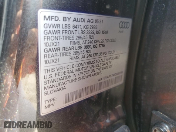 2021 Audi Q8 Premium Plus with VIN WA1EVAF17MD039755, listed as a Copart auction lot 46700145 with 21,823 mi miles and Salvage Title. Bid and sale history available at carsss.com. Image 13.