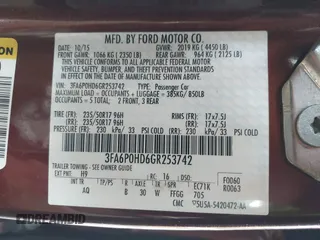 2016 Ford Fusion SE with VIN 3FA6P0HD6GR253742, listed as a IAAI auction lot 41986812 with 115,522 mi miles. Bid and sale history available at carsss.com. Image 9.