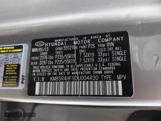 2013 Hyundai Santa Fe Limited with VIN KM8SR4HF9DU004430, listed as a IAAI auction lot 41986186 with 103,426 mi miles. Bid and sale history available at carsss.com. Image 9.