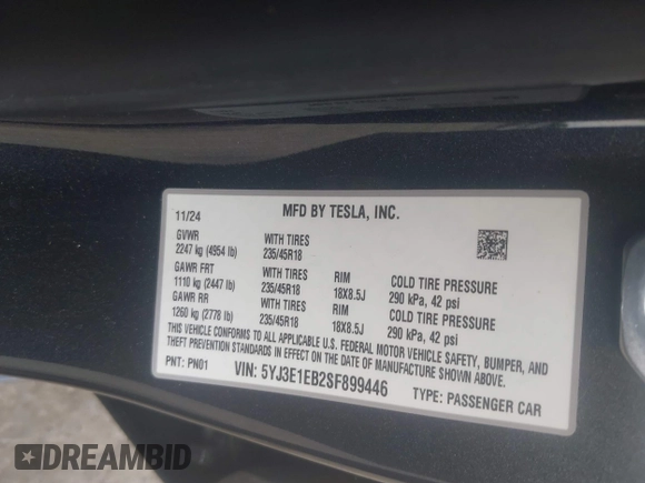 2025 Tesla Model 3 Long Range with VIN 5YJ3E1EB2SF899446, listed as a IAAI auction lot 42478353 with Not provided miles and . Bid and sale history available at DreamBid. Image 9.