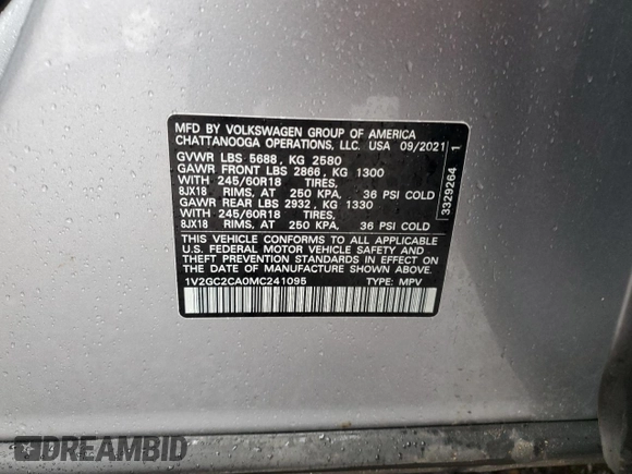 2021 Volkswagen Atlas S с VIN 1V2GC2CA0MC241095, выставлен на аукционе Copart как лот 45587765 с пробегом 27 659 миль миль и Списание • Salvage title. История ставок и продаж доступна на DreamBid. Изображение 15.