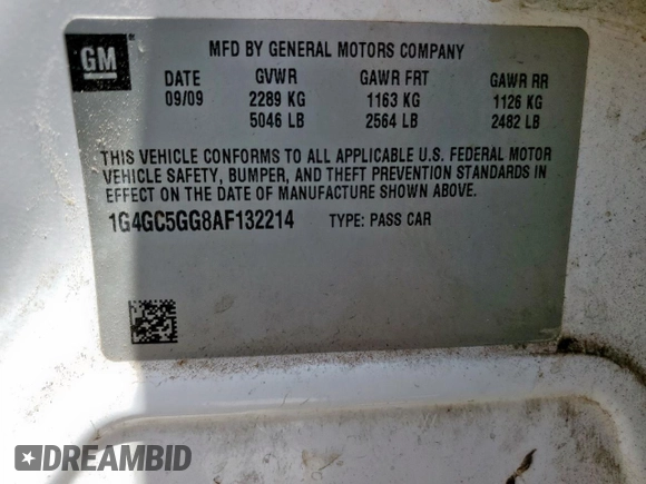 2010 Buick LaCrosse CXL with VIN 1G4GC5GG8AF132214, listed as a Copart auction lot 57655825 with 184,844 mi miles and Salvage title. Bid and sale history available at DreamBid. Image 12.