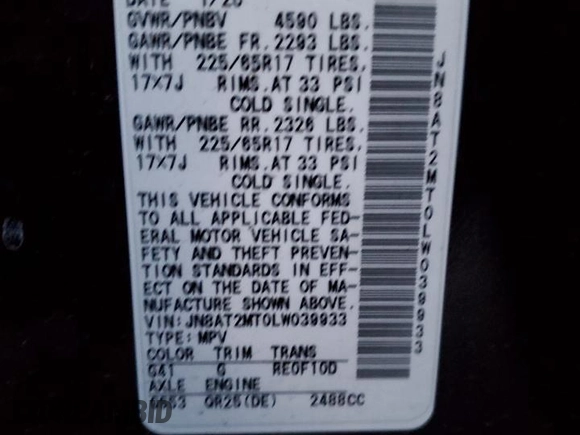 2020 Nissan Rogue SV z VIN JN8AT2MT0LW039933, wystawiony jako Copart lot #82668114 z przebiegiem 95 845 mil mil oraz Szkoda całkowita • Salvage title. Historia ofert i sprzedaży dostępna na DreamBid. Obrazek 15.