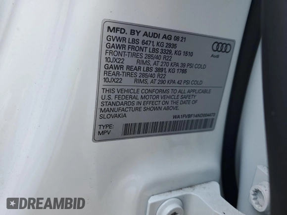 2022 Audi Q8 Prestige with VIN WA1FVBF14ND004473, listed as a Copart auction lot 78958544 with 0 mi miles and Salvage Title. Bid and sale history available at carsss.com. Image 15.