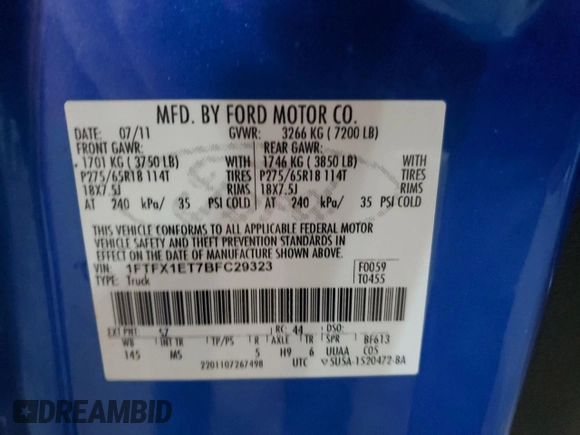 2011 Ford F-150 XL with VIN 1FTFX1ET7BFC29323, listed as a Copart auction lot 43735645 with 194,547 mi miles and Clean Title. Bid and sale history available at DreamBid. Image 12.