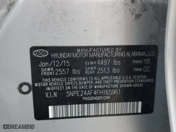 2015 Hyundai Sonata 2.4L SE with VIN 5NPE24AF4FH165961, listed as a Copart auction lot 52826955 with 88,269 mi miles and Salvage Title. Bid and sale history available at carsss.com. Image 12.