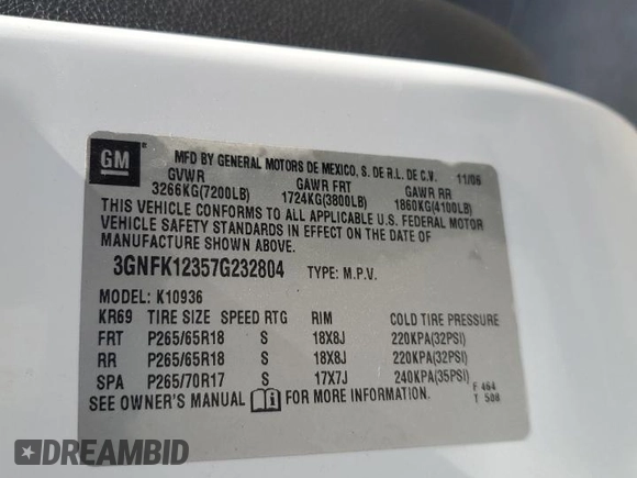 2007 Chevrolet Avalanche 3LT with VIN 3GNFK12357G232804, listed as a Copart auction lot 66771004 with Not provided miles and Salvage title. Bid and sale history available at DreamBid. Image 12.