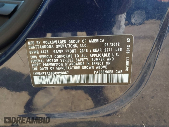 2013 Volkswagen Passat S with VIN 1VWAP7A36DC023057, listed as a IAAI auction lot 42655185 with 224,605 mi miles and . Bid and sale history available at DreamBid. Image 9.