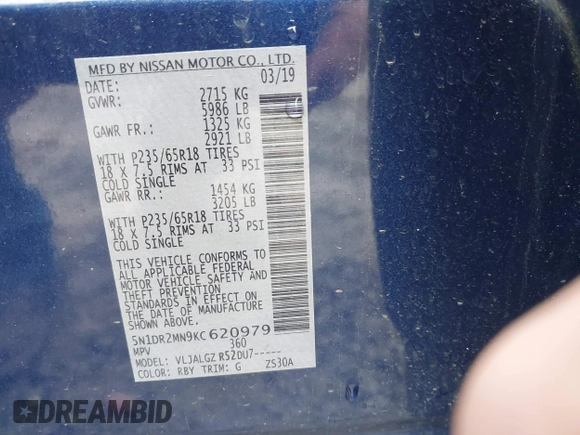 2019 Nissan Pathfinder SV z VIN 5N1DR2MN9KC620979, wystawiony jako IAAI lot #42093847 z przebiegiem 132 329 mil mil oraz . Historia ofert i sprzedaży dostępna na DreamBid. Obrazek 9.