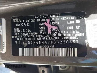 2013 Kia Optima EX with VIN 5XXGN4A78DG220462, listed as a IAAI auction lot 42158221 with 152,637 mi miles and . Bid and sale history available at DreamBid. Image 9.