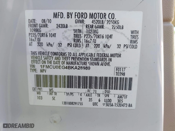 2011 Ford Escape Limited with VIN 1FMCU0EG4BKA28989, listed as a IAAI auction lot 42015694 with 271,226 mi miles. Bid and sale history available at carsss.com. Image 9.