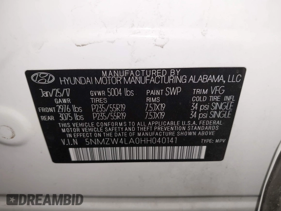 2017 Hyundai Santa Fe Ultimate with VIN 5NMZW4LA0HH040141, listed as a IAAI auction lot 42603243 with 140,817 mi miles and . Bid and sale history available at DreamBid. Image 9.