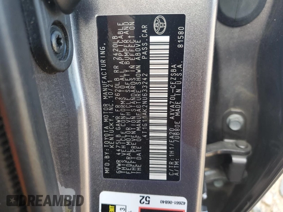 2022 Toyota Camry SE with VIN 4T1G11AK2NU633242, listed as a Copart auction lot 47376905 with 116,272 mi miles and Salvage Title. Bid and sale history available at DreamBid. Image 14.