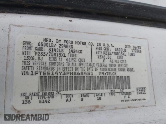 1993 Ford Econoline Cargo with VIN 1FTEE14Y3PHB68451, listed as a IAAI auction lot 41943663 with 306,200 mi miles and . Bid and sale history available at DreamBid. Image 9.