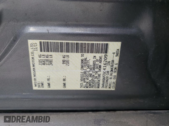 2016 Nissan Maxima S with VIN 1N4AA6AP2GC416209, listed as a Copart auction lot 56875135 with 200,762 mi miles and Salvage title. Bid and sale history available at DreamBid. Image 13.
