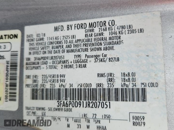 2018 Ford Fusion Titanium with VIN 3FA6P0D91JR207051, listed as a Copart auction lot 59539135 with 204,017 mi miles and Salvage title. Bid and sale history available at DreamBid. Image 12.