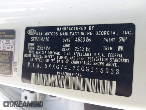 2016 Kia Optima SXL Turbo with VIN 5XXGV4L23GG115933, listed as a IAAI auction lot 41637267 with 83,348 mi miles. Bid and sale history available at carsss.com. Image 9.