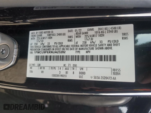 2022 Ford Escape S с VIN 1FMCU9F6XNUA23282, выставлен на аукционе Copart как лот 87835835 с пробегом 116 686 миль миль и Списание • Salvage title. История ставок и продаж доступна на DreamBid. Изображение 15.
