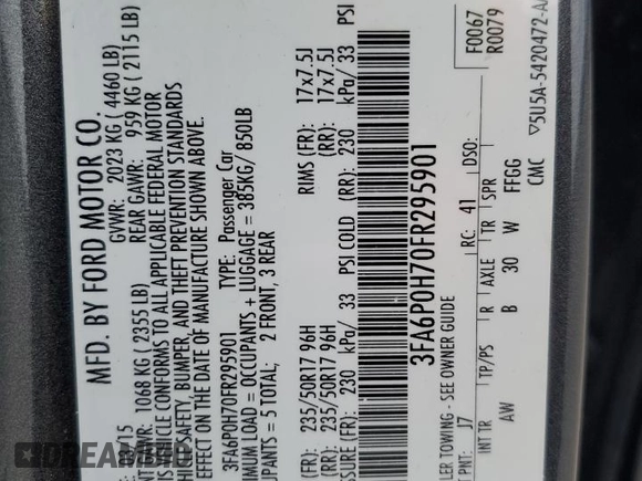 2015 Ford Fusion SE with VIN 3FA6P0H70FR295901, listed as a Copart auction lot 50298565 with 123,704 mi miles and Salvage Title. Bid and sale history available at DreamBid. Image 12.
