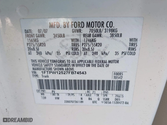 2007 Ford F-150 XLT with VIN 1FTPW12527FB74543, listed as a IAAI auction lot 41723554 with 217,242 mi miles. Bid and sale history available at carsss.com. Image 9.