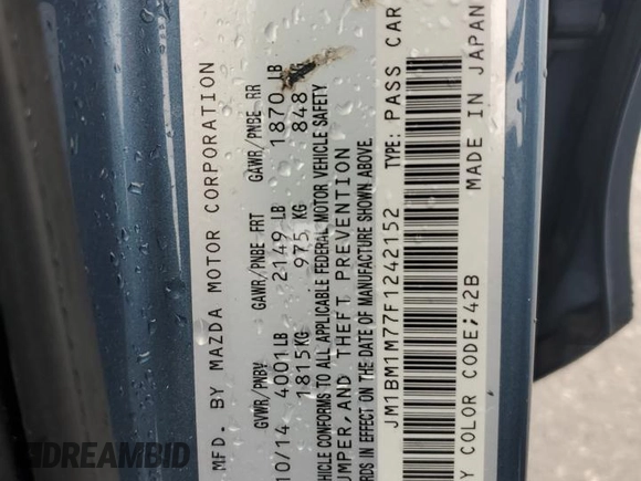 2015 Mazda 3 i Grand Touring with VIN JM1BM1M77F1242152, listed as a Copart auction lot 58266045 with 81,503 mi miles and Salvage title. Bid and sale history available at DreamBid. Image 12.