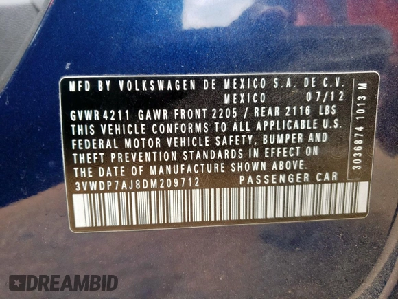 2013 Volkswagen Jetta SE с VIN 3VWDP7AJ8DM209712, выставлен на аукционе Copart как лот 59168045 с пробегом 94 813 миль миль и Списание • Salvage title. История ставок и продаж доступна на DreamBid. Изображение 12.