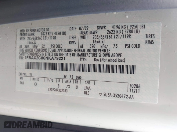 2022 Ford Transit Passenger XL with VIN 1FBAX2C86NKA79221, listed as a IAAI auction lot 42427641 with 56,245 mi miles and . Bid and sale history available at DreamBid. Image 9.