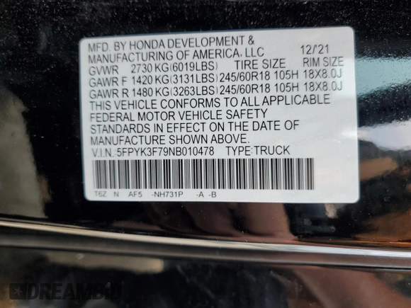 2022 Honda Ridgeline RTL-E with VIN 5FPYK3F79NB010478, listed as a Copart auction lot 60486525 with 53,029 mi miles and Salvage title. Bid and sale history available at DreamBid. Image 12.