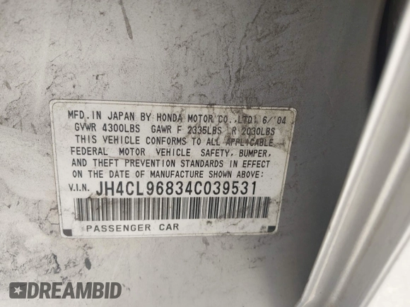 2004 Acura TSX with VIN JH4CL96834C039531, listed as a IAAI auction lot 42707303 with 443,204 mi miles and . Bid and sale history available at DreamBid. Image 9.