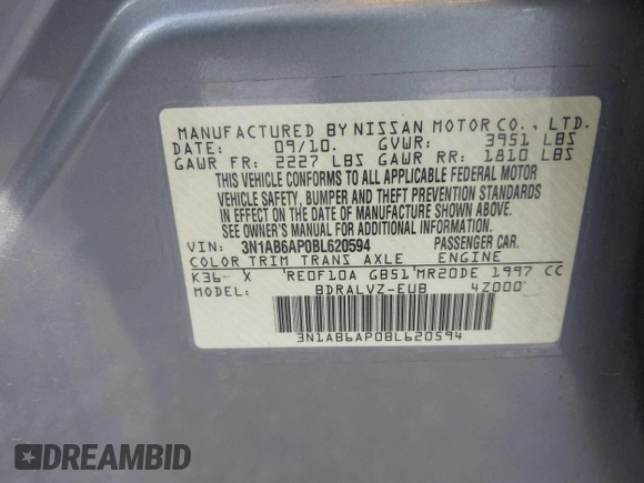 2011 Nissan Sentra SR with VIN 3N1AB6AP0BL620594, listed as a IAAI auction lot 40940532 with 166,721 mi miles and . Bid and sale history available at DreamBid. Image 9.
