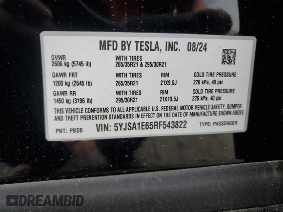 2024 Tesla Model S Plaid z VIN 5YJSA1E65RF543822, wystawiony jako Copart lot #48545205 z przebiegiem 2 473 mil mil oraz Szkoda całkowita • Salvage title. Historia ofert i sprzedaży dostępna na DreamBid. Obrazek 12.