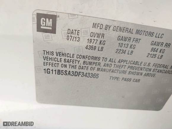 2013 Chevrolet Malibu LS with VIN 1G11B5SA3DF343365, listed as a IAAI auction lot 41731692 with 1 mi miles. Bid and sale history available at carsss.com. Image 9.