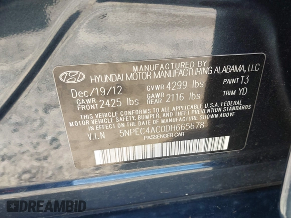 2013 Hyundai Sonata Limited with VIN 5NPEC4AC0DH665678, listed as a IAAI auction lot 40858009 with 108,303 mi miles and . Bid and sale history available at carsss.com. Image 9.