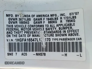 2007 Honda Civic Sdn LX with VIN 1HGFA16547L135170, listed as a Copart auction lot 54443225 with 143,675 mi miles and Salvage Title. Bid and sale history available at carsss.com. Image 12.