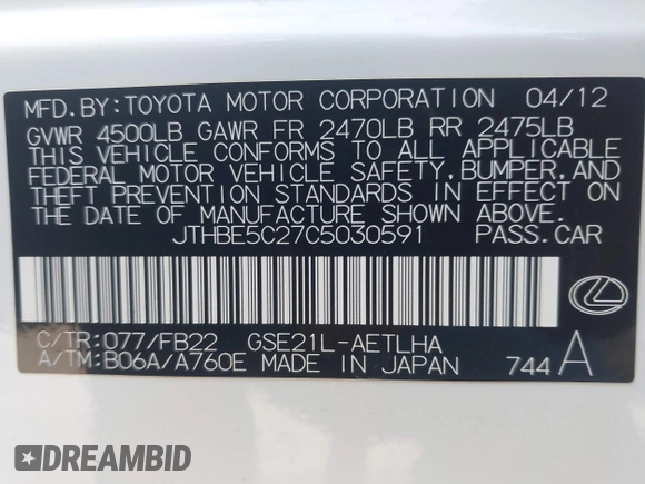 2012 Lexus IS 350 with VIN JTHBE5C27C5030591, listed as a IAAI auction lot 41798461 with 90,471 mi miles and . Bid and sale history available at DreamBid. Image 9.