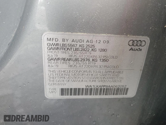 2010 Audi Q5 Premium Plus z VIN WA1LKAFP9AA062052, wystawiony jako Copart lot #56787055 z przebiegiem 122 925 mil mil oraz Czysty tytuł • Clean title. Historia ofert i sprzedaży dostępna na DreamBid. Obrazek 13.