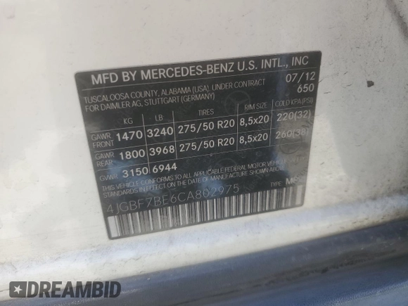 2012 Mercedes-Benz GL-Class GL 450 with VIN 4JGBF7BE6CA802975, listed as a Copart auction lot 64500764 with 190,380 mi miles and Salvage Title. Bid and sale history available at carsss.com. Image 12.