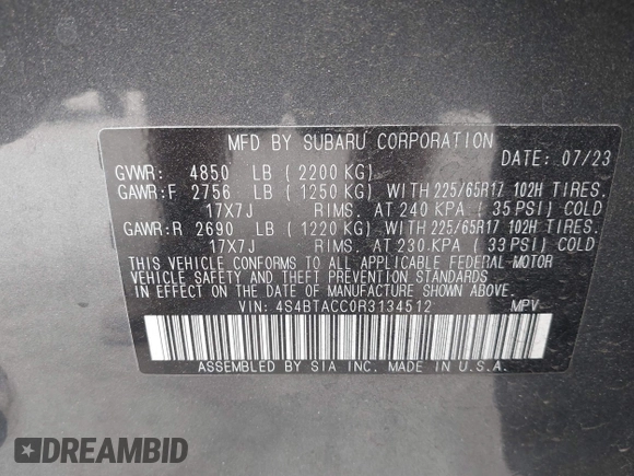 2024 Subaru Outback Premium with VIN 4S4BTACC0R3134512, listed as a IAAI auction lot 42416244 with 35,712 mi miles and . Bid and sale history available at DreamBid. Image 9.