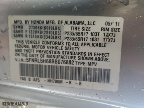 2011 Honda Odyssey EX-L with VIN 5FNRL5H68BB076882, listed as a Copart auction lot 51835945 with 176,431 mi miles and Salvage Title. Bid and sale history available at carsss.com. Image 15.